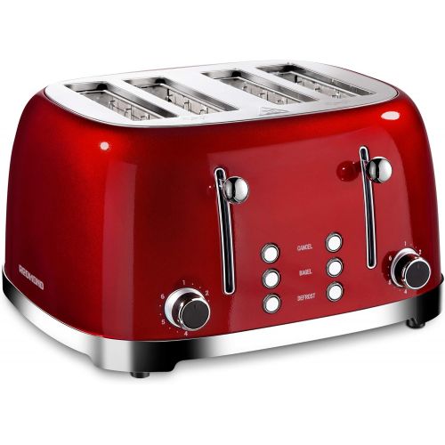  REDMOND 4 Slice Toaster Retro Stainless Steel Toasters with Bagel Defrost Cancel Function, 6 Browning Settings, Red, ST033