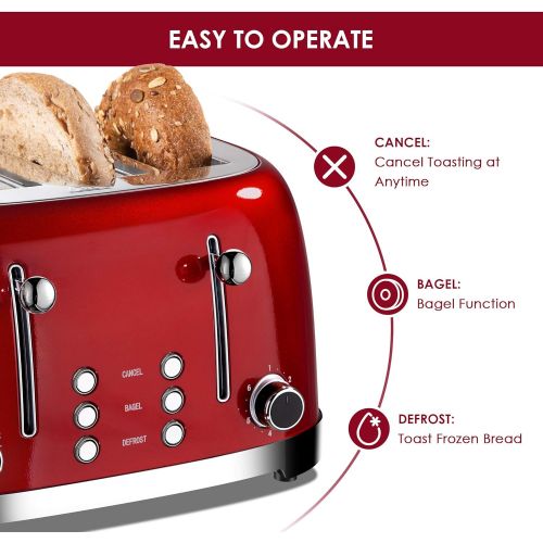  REDMOND 4 Slice Toaster Retro Stainless Steel Toasters with Bagel Defrost Cancel Function, 6 Browning Settings, Red, ST033