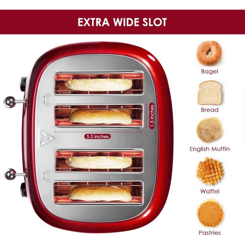  REDMOND 4 Slice Toaster Retro Stainless Steel Toasters with Bagel Defrost Cancel Function, 6 Browning Settings, Red, ST033