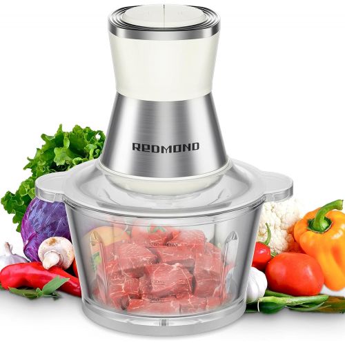  Electric Food Chopper, REDMOND 8-cup Food Processor with Garlic Peeler for Meat, Onion, Vegetable, 2L High Capacity Glass Bowl with 2 Speed, 350W Motor and 4-S Shape Stainless Stee