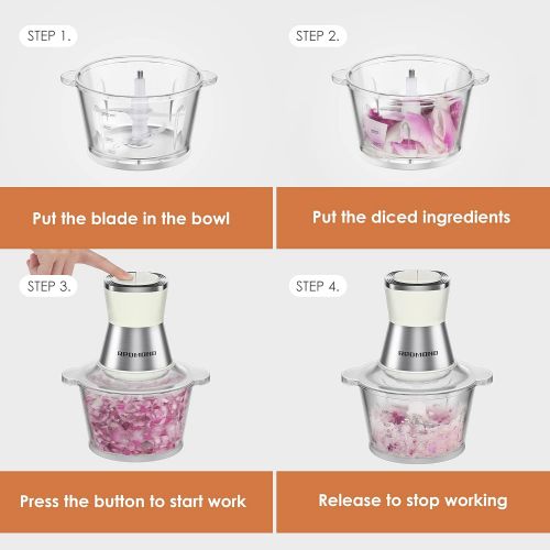  Electric Food Chopper, REDMOND 8-cup Food Processor with Garlic Peeler for Meat, Onion, Vegetable, 2L High Capacity Glass Bowl with 2 Speed, 350W Motor and 4-S Shape Stainless Stee