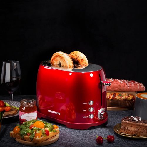  REDMOND Toaster 2 Slice, Retro Bagel Stainless Steel Compact Toaster with 1.5”Extra Wide Slots, 7 Bread Shade Settings for Breakfast, 800W (Empire Red)