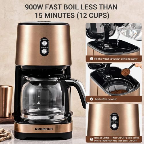  Coffee Maker 12 Cup, REDMOND Drip Coffee Machine with Reusable Filter, Brew Strength Control, 2 Hours Keep Warm Function, Anti-Drip System - Vintage Copper