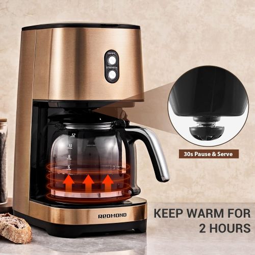  Coffee Maker 12 Cup, REDMOND Drip Coffee Machine with Reusable Filter, Brew Strength Control, 2 Hours Keep Warm Function, Anti-Drip System - Vintage Copper