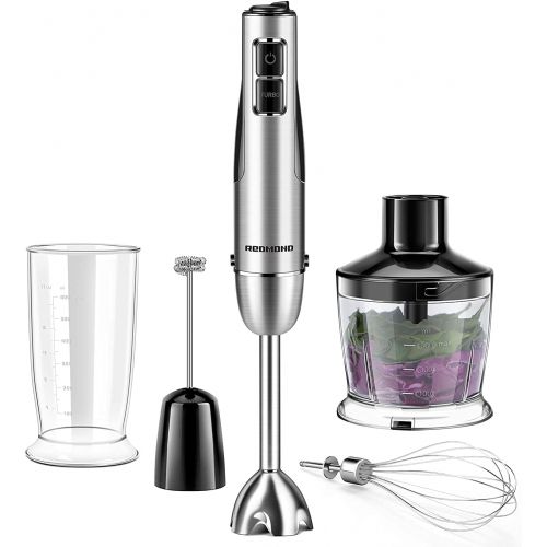 5-in-1 Immersion Blender, REDMOND Hand Blender 12-Speed Powerful Electric Stick Blender with 4 Stainless Steel Attachments, with Egg Whisk, Milk Frother, Food Chopper and Container