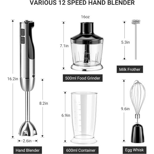  5-in-1 Immersion Blender, REDMOND Hand Blender 12-Speed Powerful Electric Stick Blender with 4 Stainless Steel Attachments, with Egg Whisk, Milk Frother, Food Chopper and Container