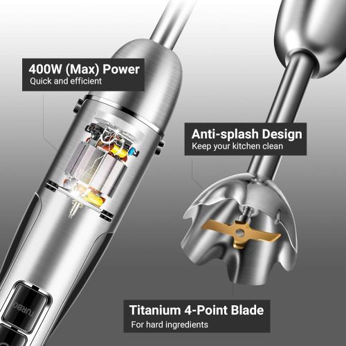  5-in-1 Immersion Blender, REDMOND Hand Blender 12-Speed Powerful Electric Stick Blender with 4 Stainless Steel Attachments, with Egg Whisk, Milk Frother, Food Chopper and Container