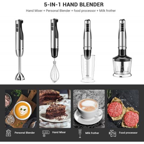  5-in-1 Immersion Blender, REDMOND Hand Blender 12-Speed Powerful Electric Stick Blender with 4 Stainless Steel Attachments, with Egg Whisk, Milk Frother, Food Chopper and Container