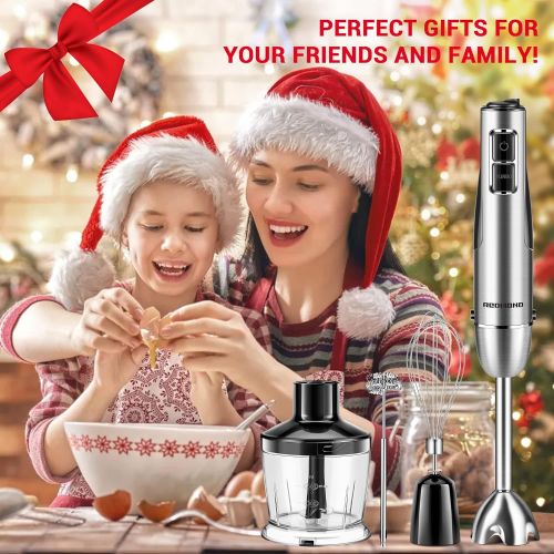 5-in-1 Immersion Blender, REDMOND Hand Blender 12-Speed Powerful Electric Stick Blender with 4 Stainless Steel Attachments, with Egg Whisk, Milk Frother, Food Chopper and Container