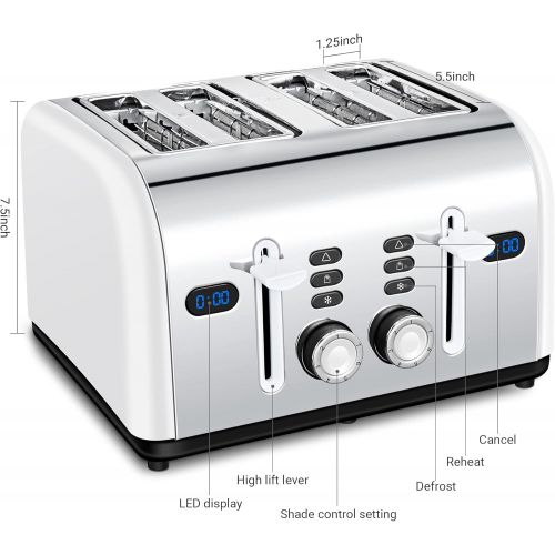  REDMOND 4 Slice Toaster, 2 In 1 Countdown Stainless Steel Family Classic Toaster Extra Wide Slots with 7 Evenly Bread Shade Settings, White