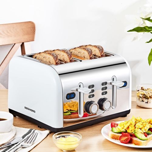  REDMOND 4 Slice Toaster, 2 In 1 Countdown Stainless Steel Family Classic Toaster Extra Wide Slots with 7 Evenly Bread Shade Settings, White