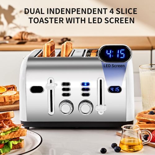  REDMOND 4 Slice Toaster, 2 In 1 Countdown Stainless Steel Family Classic Toaster Extra Wide Slots with 7 Evenly Bread Shade Settings, White