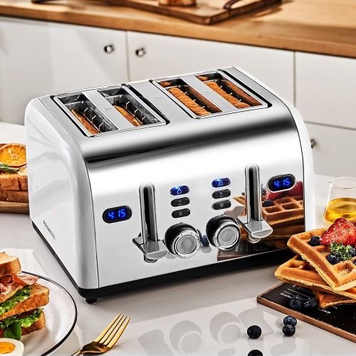  REDMOND 4 Slice Toaster, 2 In 1 Countdown Stainless Steel Family Classic Toaster Extra Wide Slots with 7 Evenly Bread Shade Settings, White