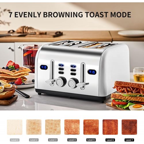  REDMOND 4 Slice Toaster, 2 In 1 Countdown Stainless Steel Family Classic Toaster Extra Wide Slots with 7 Evenly Bread Shade Settings, White