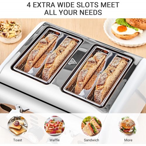  REDMOND 4 Slice Toaster, 2 In 1 Countdown Stainless Steel Family Classic Toaster Extra Wide Slots with 7 Evenly Bread Shade Settings, White