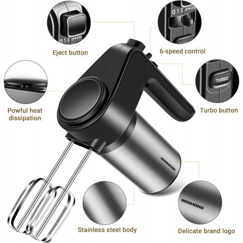  [아마존베스트]REDMOND Hand Mixer, 6-Speed Electric Hand Mixer with Turbo Handheld Kitchen Mixer Includes Beaters, Dough Hooks and Storage Bracket, Black, HM012