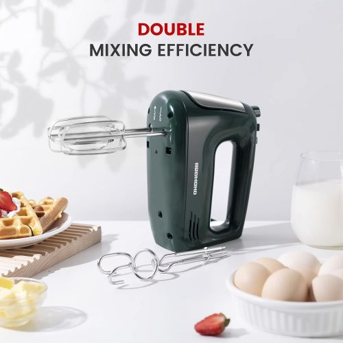  [아마존베스트]REDMOND Hand Mixer Electric 5-Speed Handheld Mixer Compact with Turbo Function, Egg Beaters, Dough Hooks for Kitchen Whipping Mixing Baking, 250W(Green)