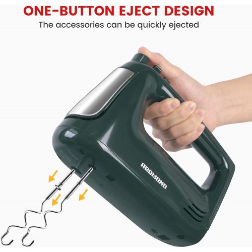  [아마존베스트]REDMOND Hand Mixer Electric 5-Speed Handheld Mixer Compact with Turbo Function, Egg Beaters, Dough Hooks for Kitchen Whipping Mixing Baking, 250W(Green)