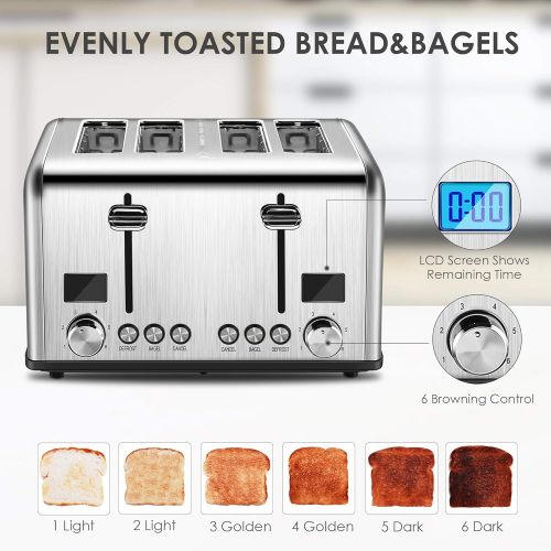  [아마존베스트]REDMOND 4 Slice Toaster, Countdown Stainless Steel Toaster with Bagel, Defrost, Cancel Function, Extra Wide Slots, 6 Bread Shade Settings, 1650W, ST030