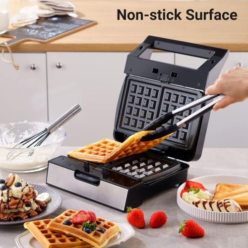  [아마존베스트]REDMOND Belgian Waffle Maker, 4-Slice Square Stainless Steel Anti-Overflow Waffle Iron with Temperature Control, Non-stick Plates, Cool Touch Handle, LED Indicator, Compact & Fast,