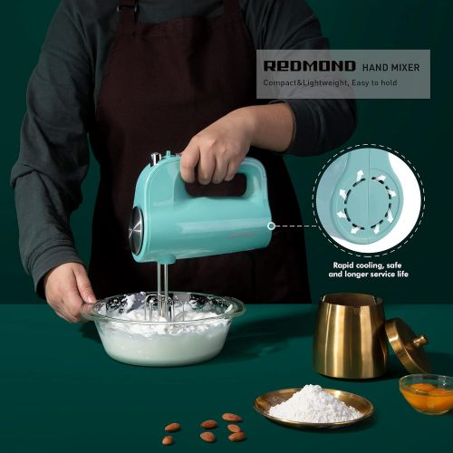  Hand Mixer Electric 5 Speed, REDMOND 250W Power Mixer Electric Handheld Kitchen Mixer with 4 Stainless Steel Attachments (2 Beaters, 2 Dough Hooks) - Glacier Green