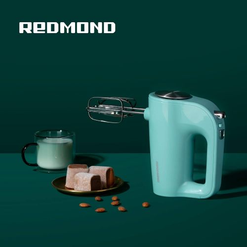  Hand Mixer Electric 5 Speed, REDMOND 250W Power Mixer Electric Handheld Kitchen Mixer with 4 Stainless Steel Attachments (2 Beaters, 2 Dough Hooks) - Glacier Green