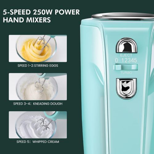  Hand Mixer Electric 5 Speed, REDMOND 250W Power Mixer Electric Handheld Kitchen Mixer with 4 Stainless Steel Attachments (2 Beaters, 2 Dough Hooks) - Glacier Green