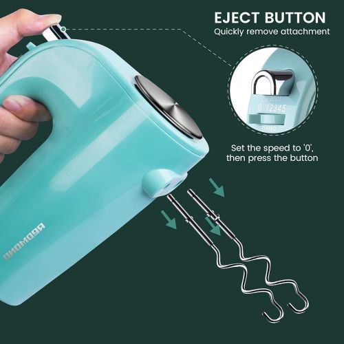  Hand Mixer Electric 5 Speed, REDMOND 250W Power Mixer Electric Handheld Kitchen Mixer with 4 Stainless Steel Attachments (2 Beaters, 2 Dough Hooks) - Glacier Green