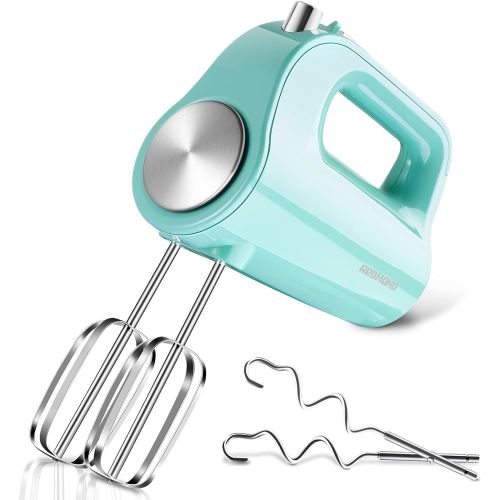  Hand Mixer Electric 5 Speed, REDMOND 250W Power Mixer Electric Handheld Kitchen Mixer with 4 Stainless Steel Attachments (2 Beaters, 2 Dough Hooks) - Glacier Green