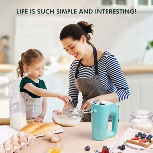  Hand Mixer Electric 5 Speed, REDMOND 250W Power Mixer Electric Handheld Kitchen Mixer with 4 Stainless Steel Attachments (2 Beaters, 2 Dough Hooks) - Glacier Green