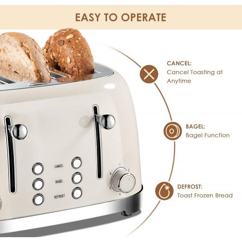  REDMOND 4 Slice Toaster Retro Stainless Steel Toasters with Bagel Defrost Cancel Function, 6 Browning Settings, Cream, ST033