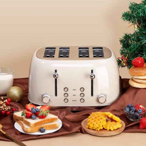  REDMOND 4 Slice Toaster Retro Stainless Steel Toasters with Bagel Defrost Cancel Function, 6 Browning Settings, Cream, ST033