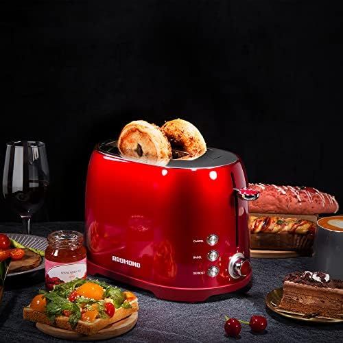  [아마존베스트]REDMOND Retro Toaster 2 Slice Stainless Steel Compact Bagel Toaster with 1.5”Extra Wide Slots, 7 Bread Shade Settings, Removable Crumb Tray for Breakfast, 800W (Claret Red)