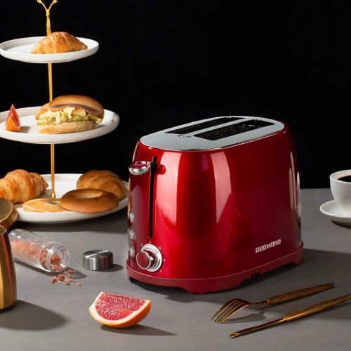  [아마존베스트]REDMOND Retro Toaster 2 Slice Stainless Steel Compact Bagel Toaster with 1.5”Extra Wide Slots, 7 Bread Shade Settings, Removable Crumb Tray for Breakfast, 800W (Claret Red)