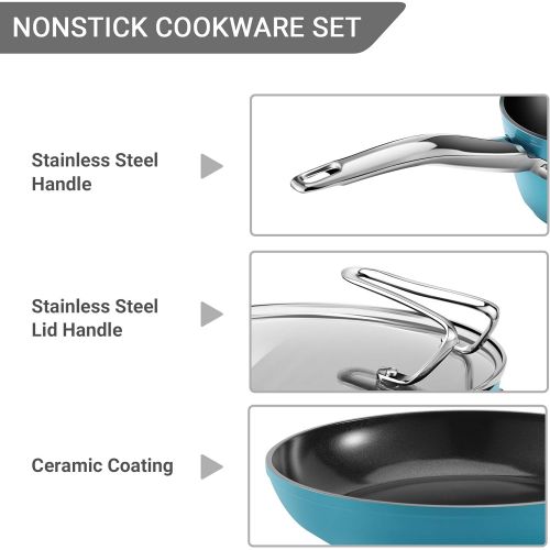  Nonstick Pot and Pan Cooking Set, REDMOND Kitchen Ceramic Cookware Set for Stovetops, Induction Cooktops, Dishwasher/Oven Safe, 8 Pieces, Blue
