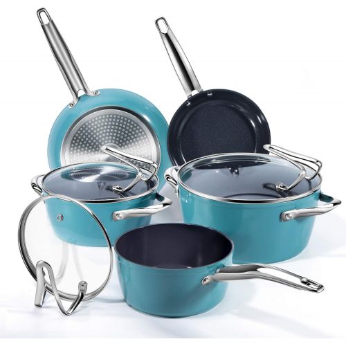  Nonstick Pot and Pan Cooking Set, REDMOND Kitchen Ceramic Cookware Set for Stovetops, Induction Cooktops, Dishwasher/Oven Safe, 8 Pieces, Blue