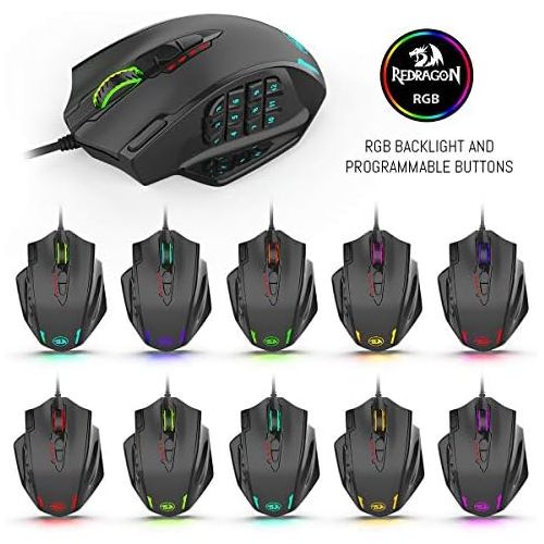  [아마존베스트]Redragon M908 Impact RGB LED MMO Mouse USB Laser Gaming Mouse with 12400 dpi, High Precision, 18 Programmable Side Buttons, Ergonomic Design, Black