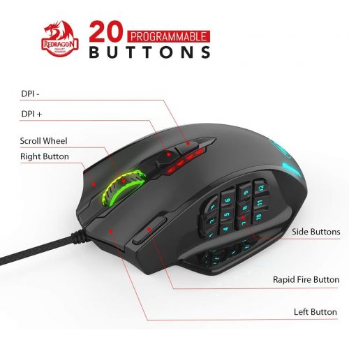  [아마존베스트]Redragon M908 Impact RGB LED MMO Mouse USB Laser Gaming Mouse with 12400 dpi, High Precision, 18 Programmable Side Buttons, Ergonomic Design, Black