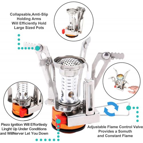  REEHUT Ultralight Portable Camping Stoves Backpacking Stove with Piezo Ignition Adjustable Valve Stainless Steel Material for Backpacking, Hiking, Riding, Mountaineering, Camping