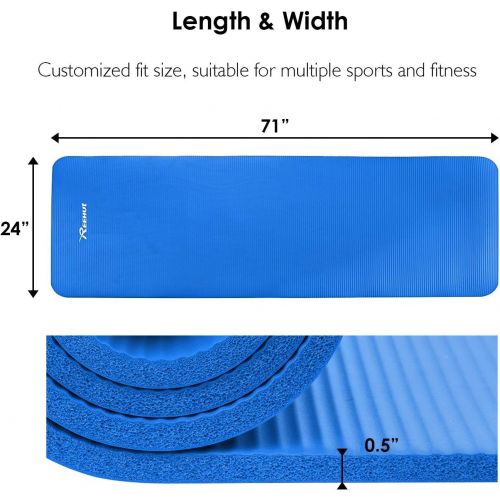  [아마존베스트]REEHUT 12 mm NBR Yoga/Gymnastics Mat + Carry Strap, Extra Thick Non-Slip Phthalate-Free Unisex Fitness Mat for Yoga, Pilates, Fitness, Gymnastics, 181 x 61 cm