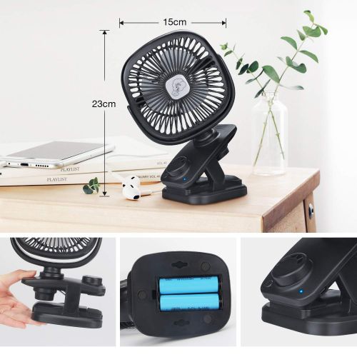  REENUO Stroller Fan Clip on Auto Oscillation Desk Fan 4400mAh Battery Operated Table Fan 40 Hours Working,for Baby Stroller,Office,Outdoor,Traveling,Camping（Black）