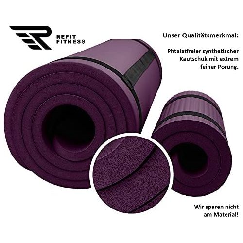  [아마존베스트]REFIT FITNESS ReFit Premium Fitness Mat in 10 Colours Including Lanyard, 183 x 61 cm x 1.5 cm, Thick and Very Soft, Non-slip, Odourless, Skin-friendly and Phthalate-free, Perfect Mat for Yoga, S