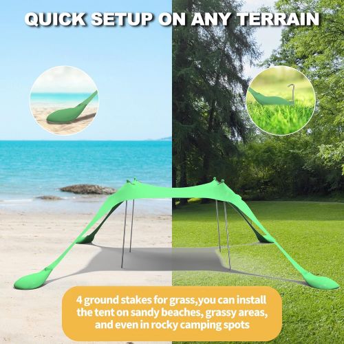  RELIANCER 10’x10’ Pop Up Family Beach Tent Lycra Sun Shade Canopy Portable Camping Sun Shelters UPF50+ UV Protection Outdoor Sunshade w/Sand Shovel Carrying Bag for Trips Fishing Backyard Pa