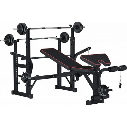  Reliancer Adjustable Multi-Function Foldable Weight Bench and Fitness Barbell Rack Commercial Weight Lifting Support w/Leg Developer Arm Training Equipment Home Gym Full-Body Stren