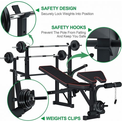  Reliancer Adjustable Multi-Function Foldable Weight Bench and Fitness Barbell Rack Commercial Weight Lifting Support w/Leg Developer Arm Training Equipment Home Gym Full-Body Stren