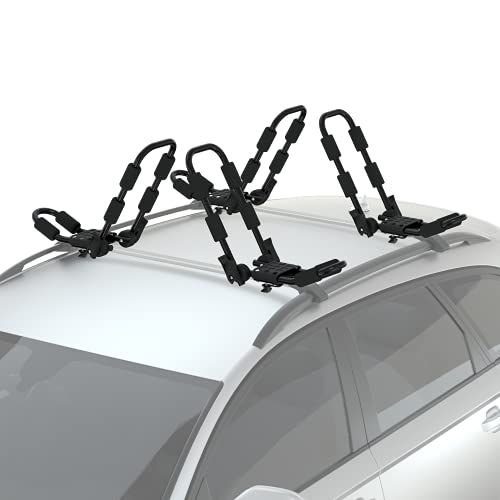  Reliancer 2 Pairs Folding Kayak Rack J-Style Car Roof Rack for Canoe Surfboard Ski Board SUP w/ 4PCS Ratchet Tie-Mount Straps Roof Car Carriers Universal Rooftop Mount Racks