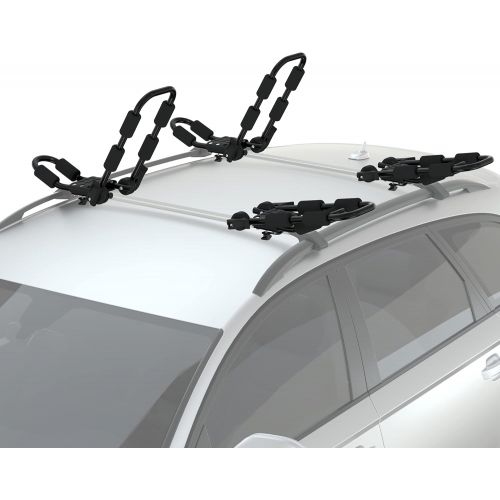  Reliancer 2 Pairs Folding Kayak Rack J-Style Car Roof Rack for Canoe Surfboard Ski Board SUP w/ 4PCS Ratchet Tie-Mount Straps Roof Car Carriers Universal Rooftop Mount Racks