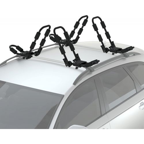  Reliancer 2 Pairs Folding Kayak Rack J-Style Car Roof Rack for Canoe Surfboard Ski Board SUP w/ 4PCS Ratchet Tie-Mount Straps Roof Car Carriers Universal Rooftop Mount Racks
