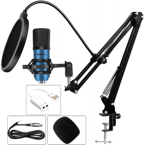  REMALL BM800 Condenser Microphone, Podcast Equipment Bundle Microphone for Mac USB Streaming PC Metal 192KHZ/24Bit Plug&Play Recording Microphone with Professional