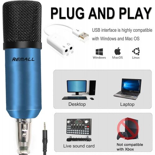  REMALL BM800 Condenser Microphone, Podcast Equipment Bundle Microphone for Mac USB Streaming PC Metal 192KHZ/24Bit Plug&Play Recording Microphone with Professional